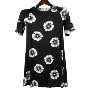 Black White Floral Cold Shoulder Swing Dress 12 Ruffle Sleeve Casual Stretch